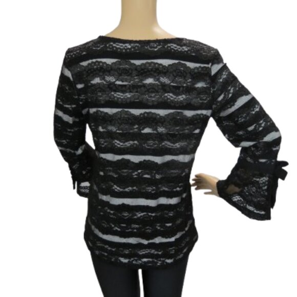 Karl Lagerfeld Black and White Lace Blouse with Bell Sleeves - Picture 5 of 7